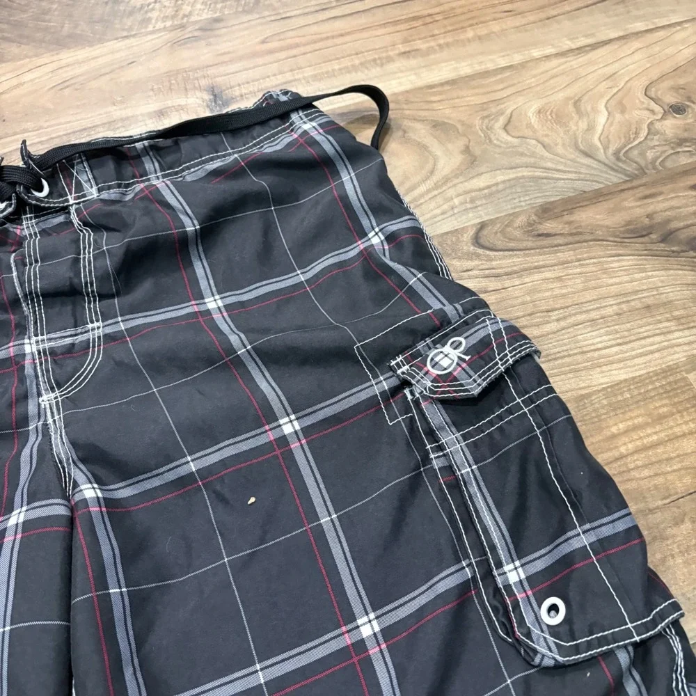 Vintage Y2K OP Board Shorts Mens Large Black Plaid Cargo Swim Trunks 2000s Surf